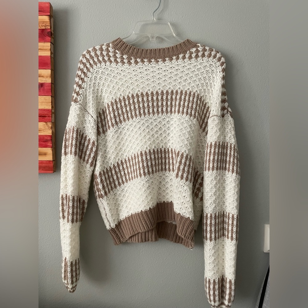 Cozy Striped Knit Sweater - Cream and Brown